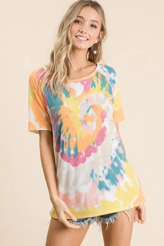 BiBi Tie Dye Print Short Sleeve T-Shirt with Raglan Sleeves - Trendsi - Flyclothing LLC