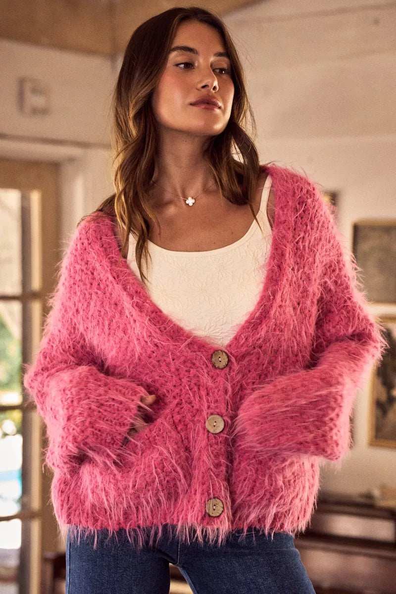 SO ME Soft Touch Hairy Loose Fit Cozy Sweater Cardigan - Trendsi - Flyclothing LLC