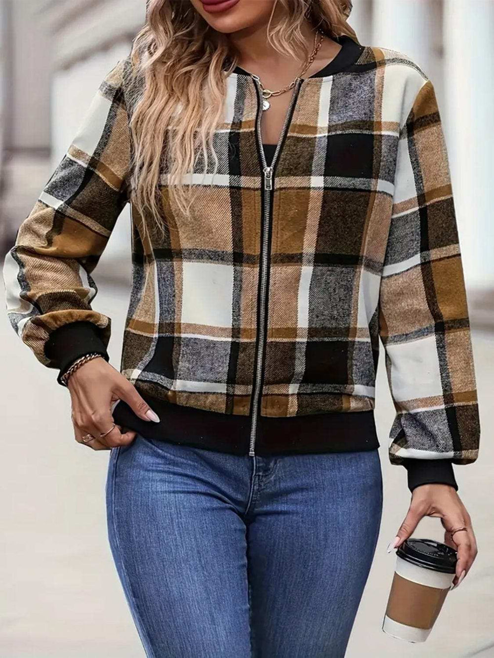 Plus Size Plaid Baseball Collar Zip Up Jacket - Trendsi - Flyclothing LLC