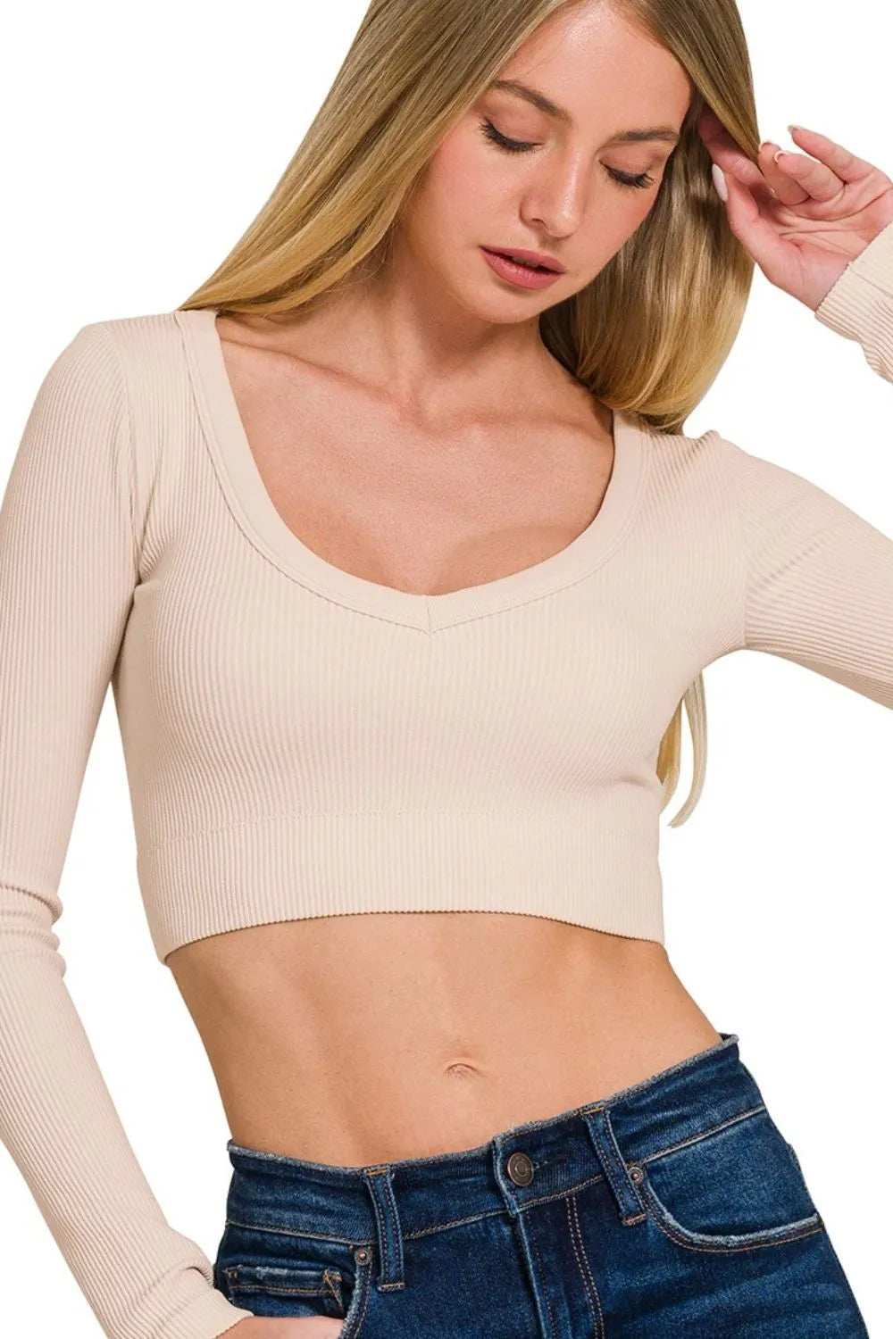 Zenana Seamless Fitted Rib V-neck Long Sleeve Crop Top - Trendsi - Flyclothing LLC