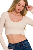 Zenana Seamless Fitted Rib V-neck Long Sleeve Crop Top - Trendsi - Flyclothing LLC