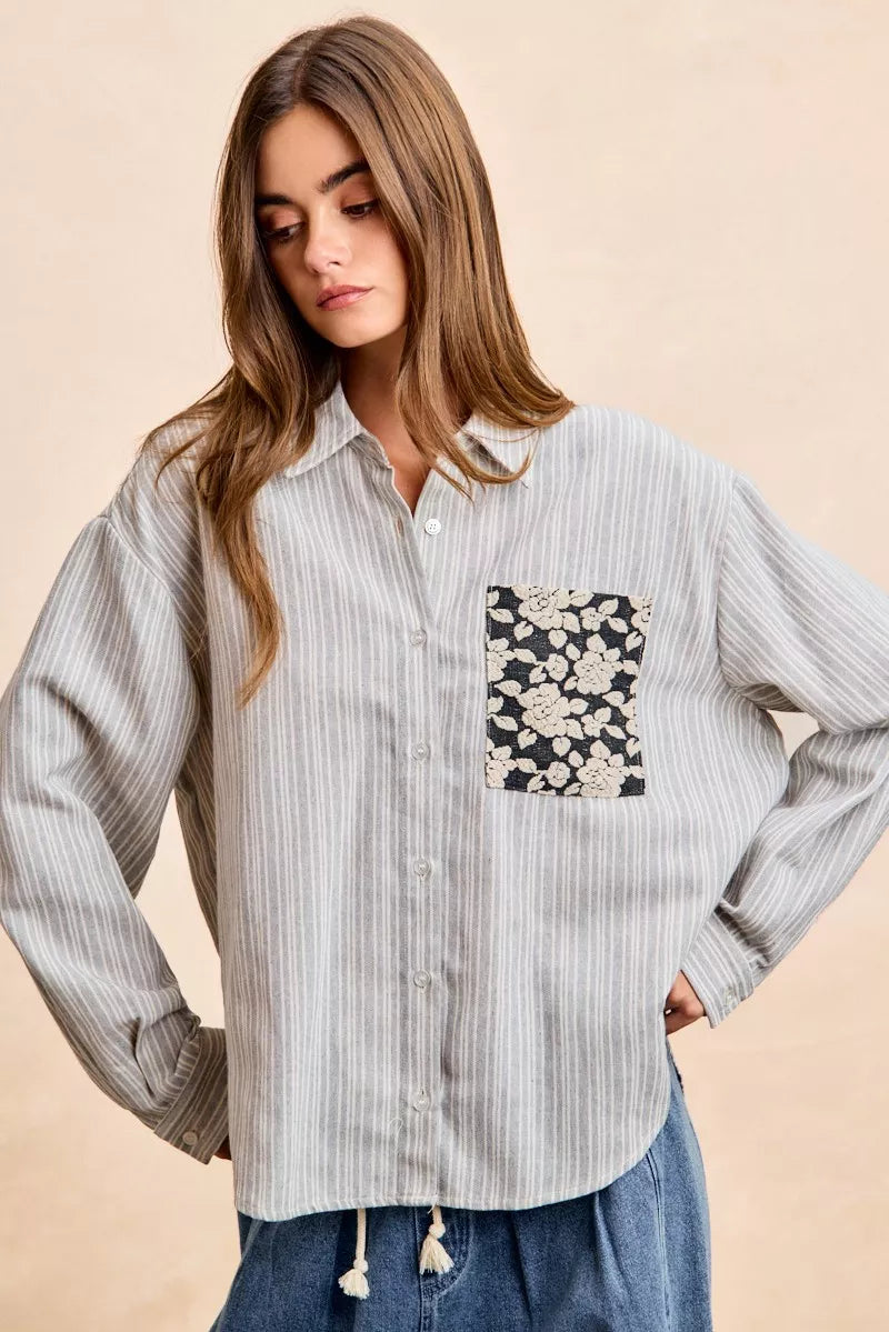 BiBi Flower Jacquard Knit Patch Pocket Stripe Shirt - Trendsi - Flyclothing LLC