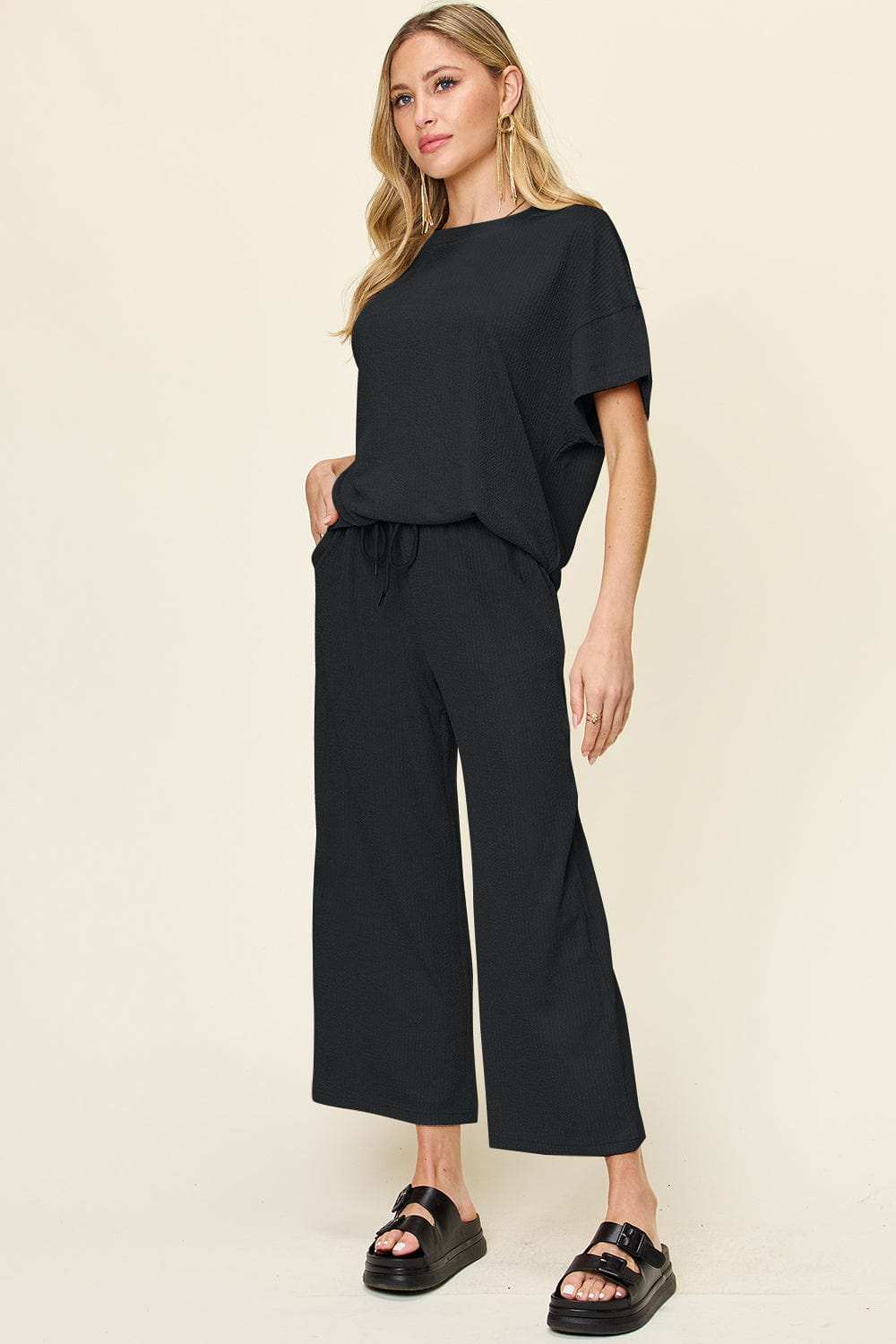 Double Take Full Size Texture Round Neck Short Sleeve T-Shirt and Wide Leg Pants - Trendsi - Flyclothing LLC
