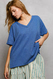 POL Ribbed Knit V-Neck Short Sleeve T-Shirt with Side Slit - Trendsi - Flyclothing LLC