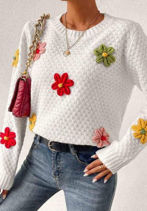 Crochet Flower Round Neck Long Sleeve Sweater - Trendsi - Flyclothing LLC