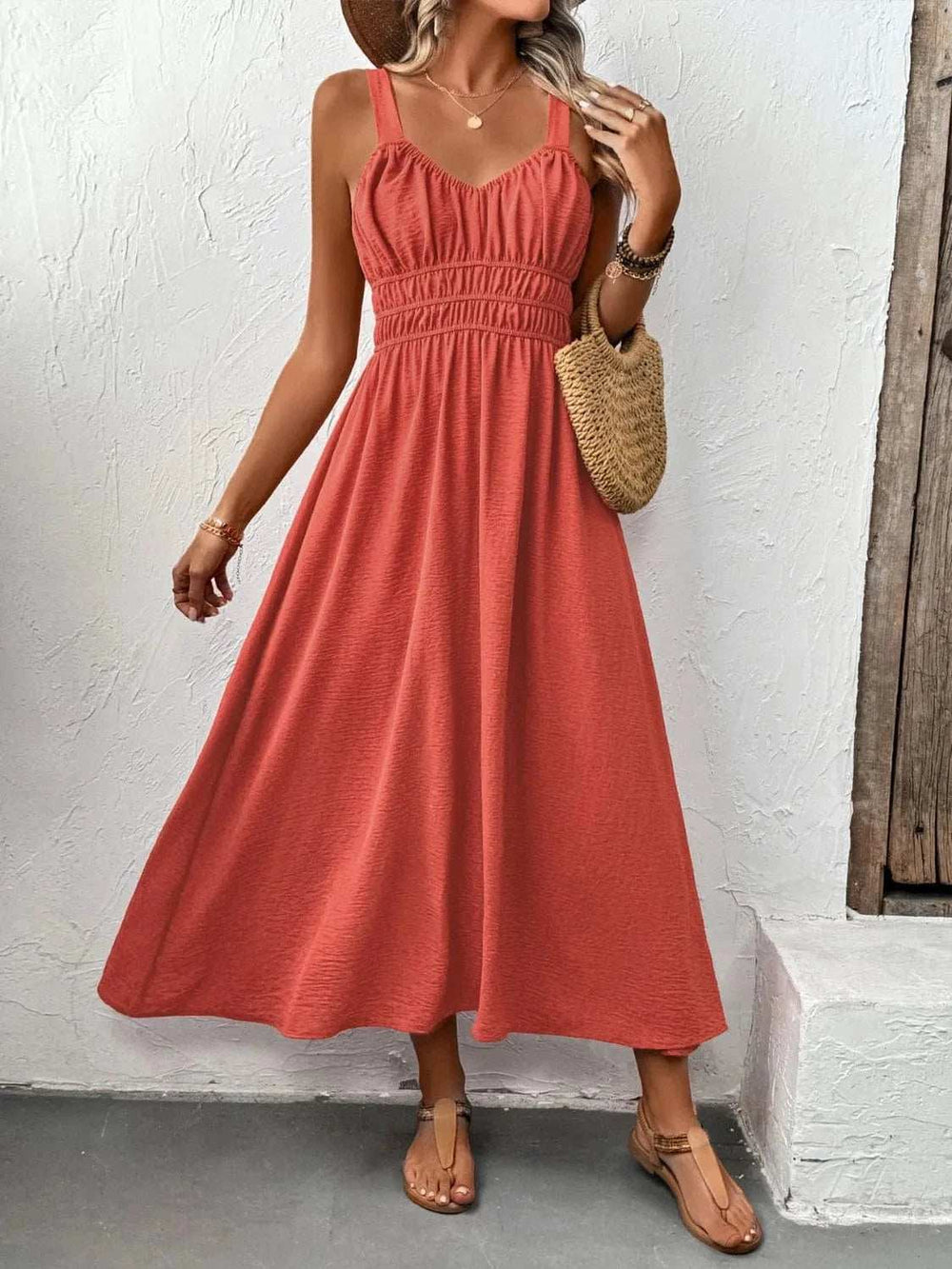 V-Neck Wide Strap Midi Cami Dress - Trendsi - Flyclothing LLC