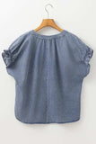 V Neck Ruffled Short Puff Sleeve Denim Top - Trendsi - Flyclothing LLC