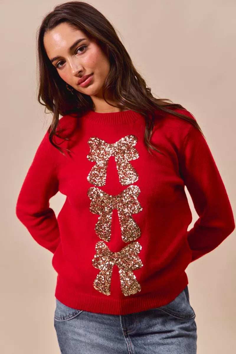 SO ME Sequins Bow Ribbon Embellished Christmas Sweater - Trendsi - Flyclothing LLC