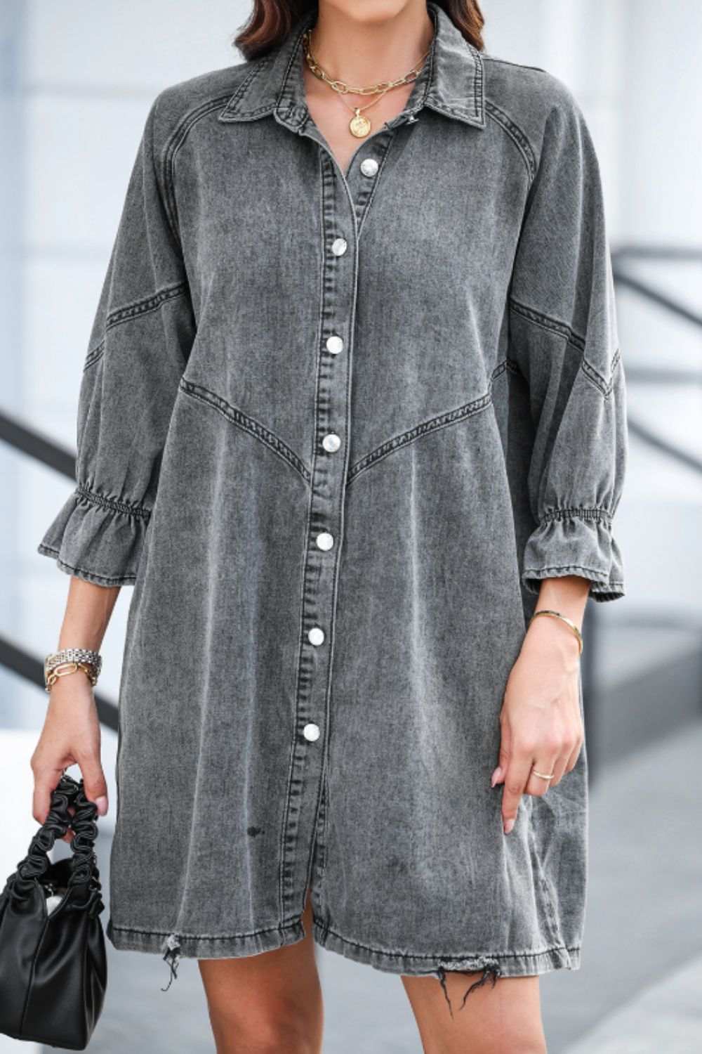 Distressed Collared Neck Flounce Sleeve Denim Dress - Trendsi - Flyclothing LLC