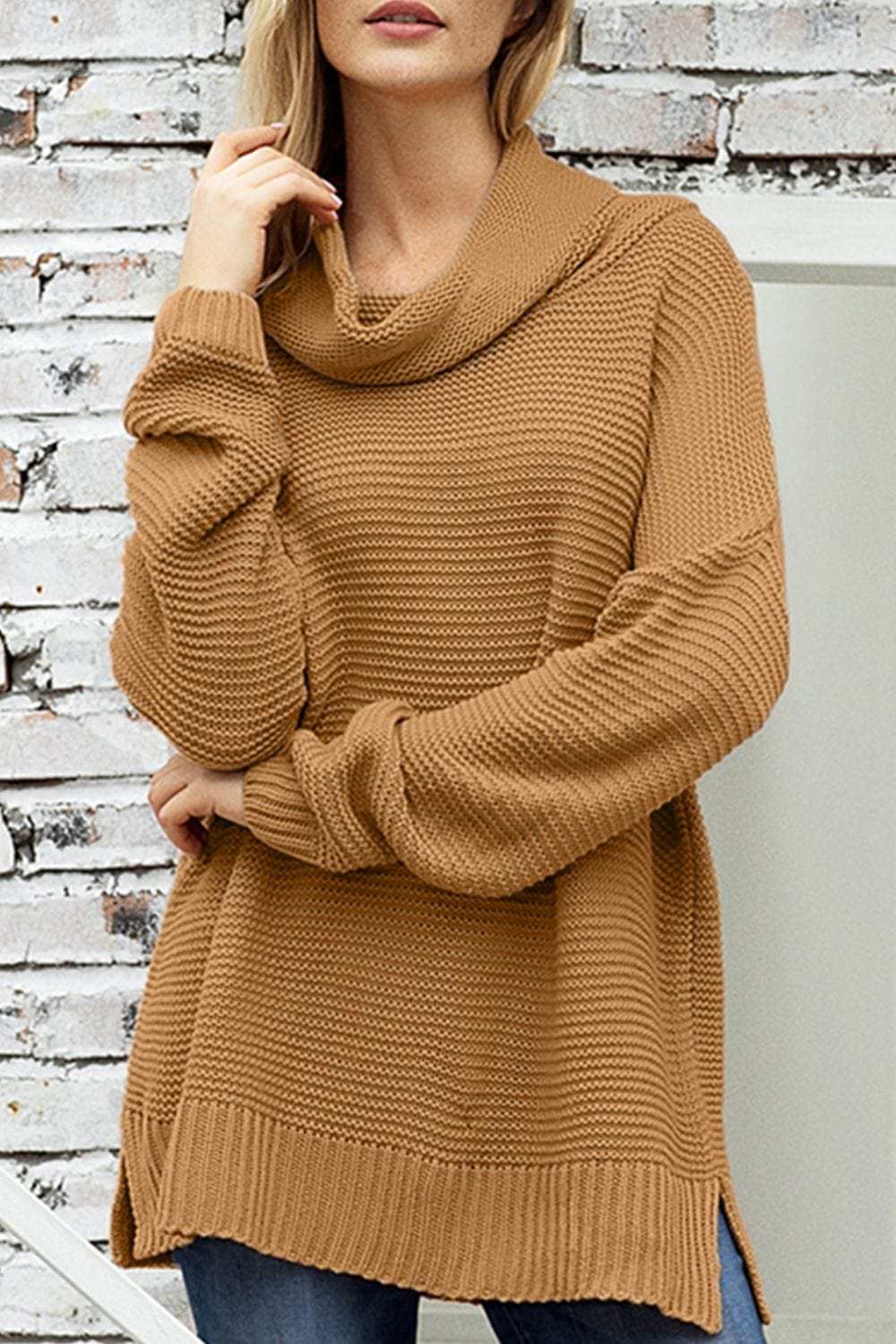 Side Slit Turtleneck Long Sleeve Sweater - Trendsi - Flyclothing LLC