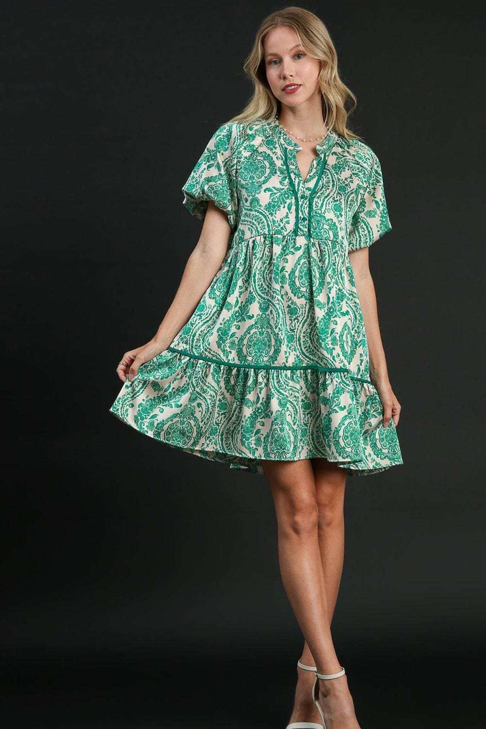 Umgee Full Size Printed Notched Puff Sleeve Mini Dress Plus Size - Trendsi - Flyclothing LLC