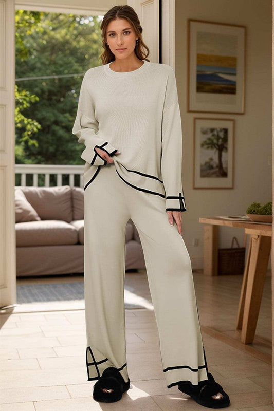 High-Low Round Neck Top and Pants Sweater Set - Trendsi - Flyclothing LLC