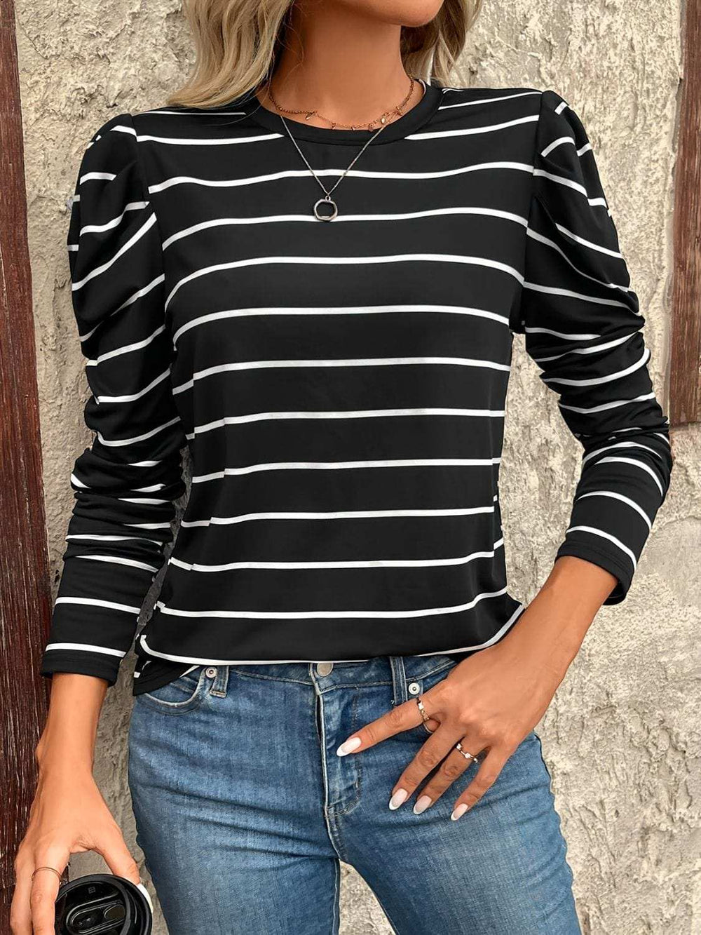 Full Size Striped Round Neck Puff Sleeve T-Shirt - Trendsi - Flyclothing LLC