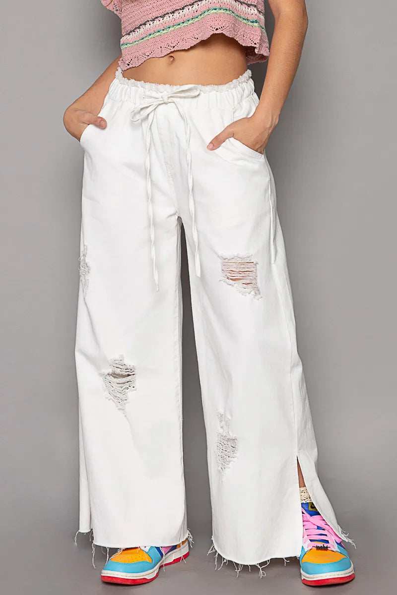 POL Distressed Drawstring Slit Wide leg Pants - Trendsi - Flyclothing LLC