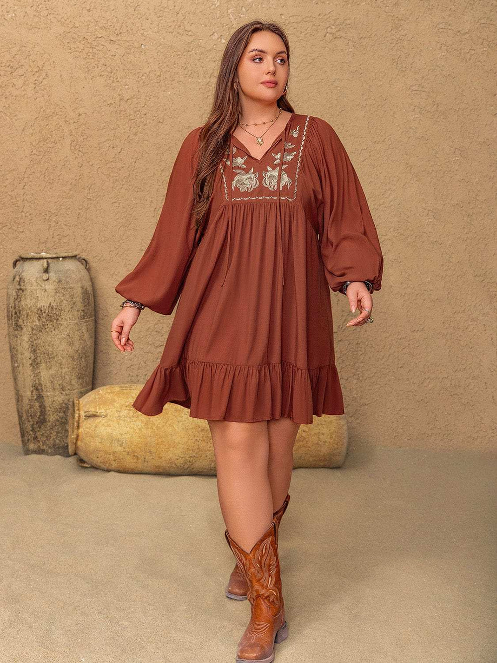 Plus Size Embroidered Tie Neck Balloon Sleeve Mini Dress - Trendsi - Flyclothing LLC
