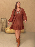 Plus Size Embroidered Tie Neck Balloon Sleeve Mini Dress - Trendsi - Flyclothing LLC