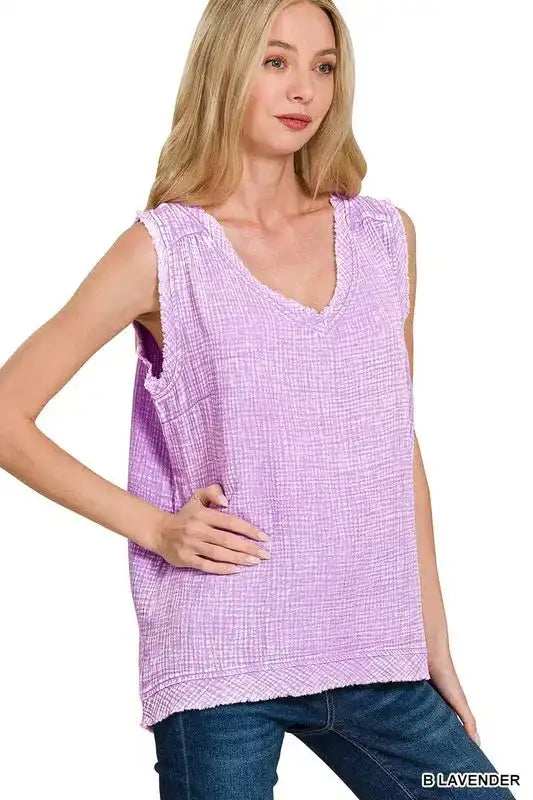 Zenana Double Gauze Raw Edge Acid Washed Tank - Trendsi - Flyclothing LLC