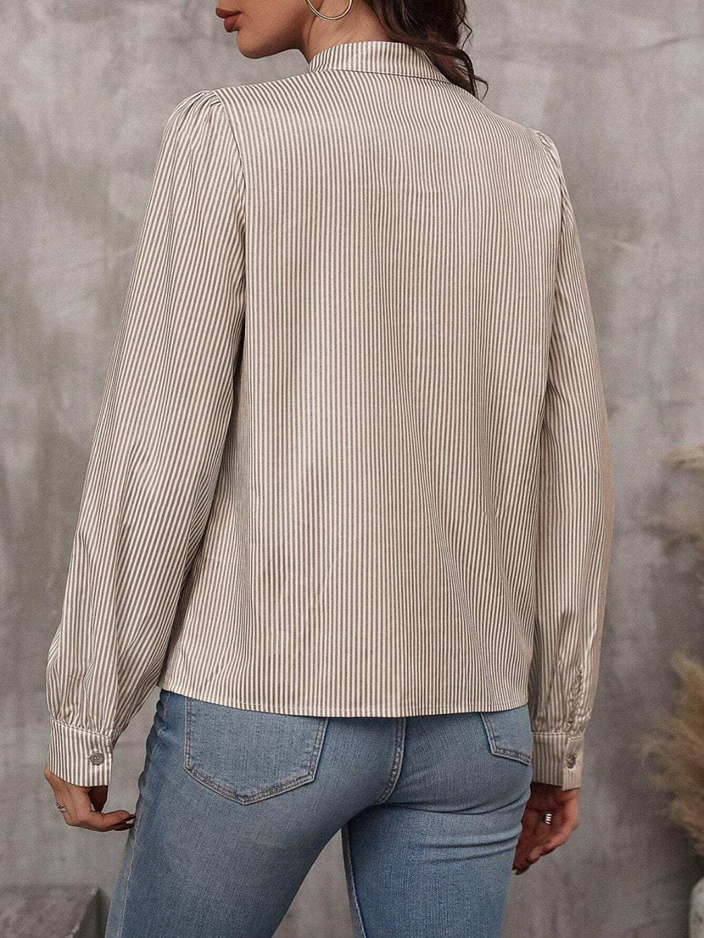 Striped Tie Neck Long Sleeve Blouse - Trendsi - Flyclothing LLC