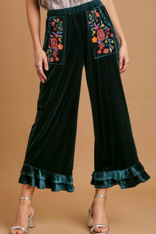 Umgee Full Size Wide Fit Ruffle Velvet Pants with Embroidered Pockets Plus Size - Trendsi - Flyclothing LLC