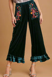 Umgee Full Size Wide Fit Ruffle Velvet Pants with Embroidered Pockets Plus Size - Trendsi - Flyclothing LLC