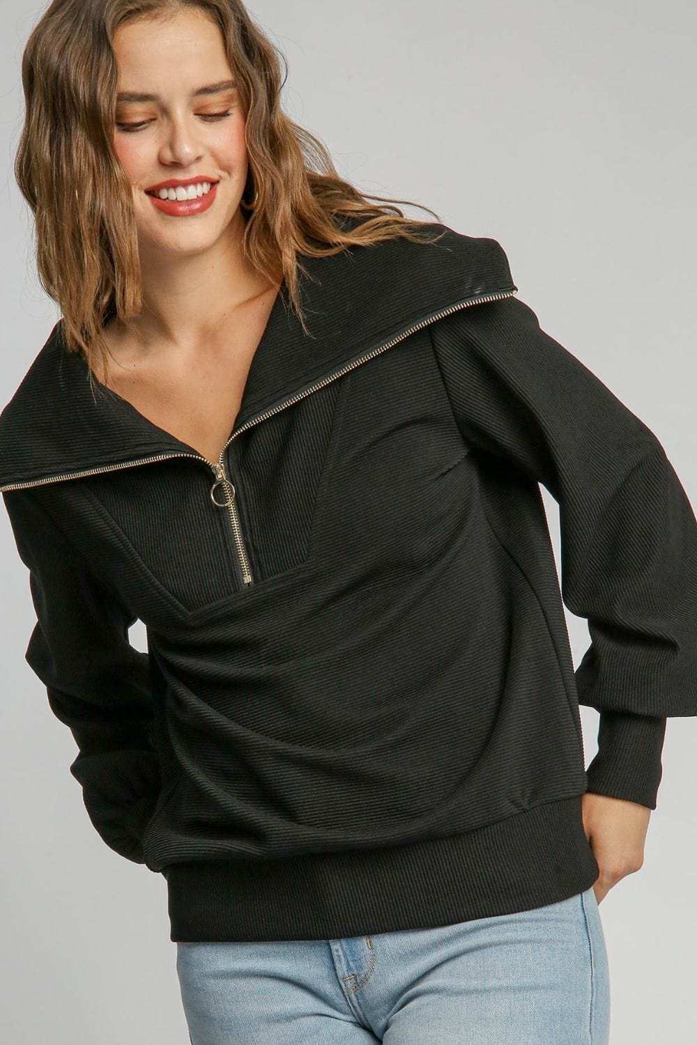 Umgee Full Size Ribbed Knit Half Zipper Sweatshirt Plus Size - Trendsi - Flyclothing LLC