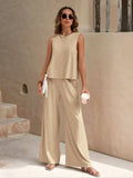 Round Neck Sleeveless Top and Wide Leg Pants Set - Trendsi - Flyclothing LLC