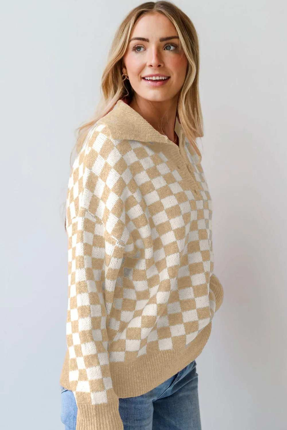 Checkered Collared Neck Long Sleeve Sweater - Trendsi - Flyclothing LLC