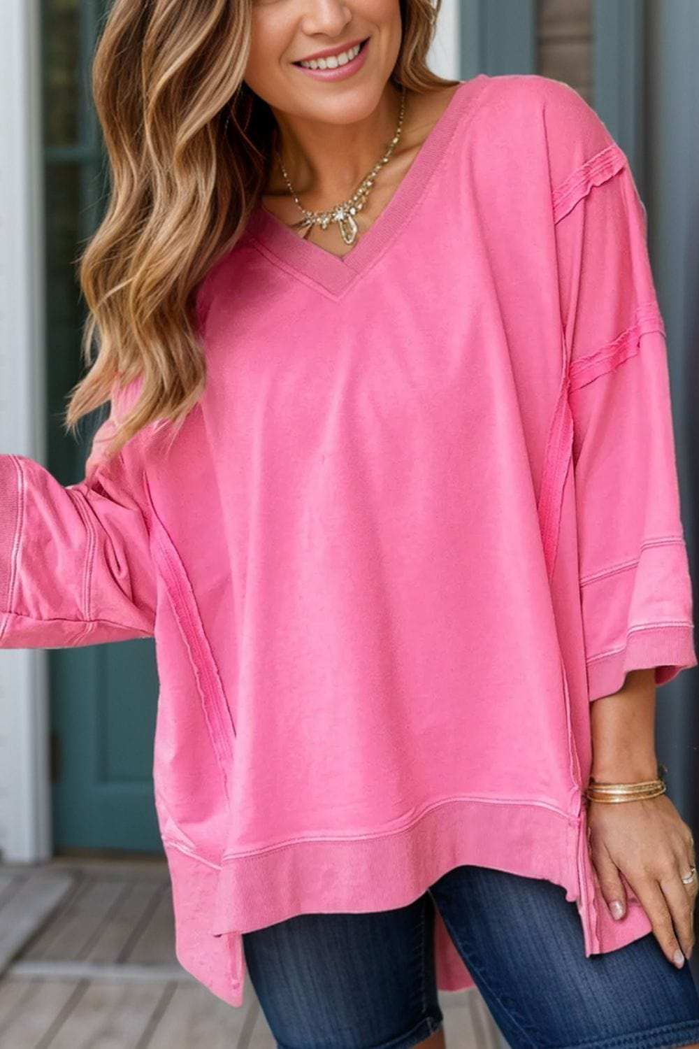 Exposed Seam V-Neck Blouse - Trendsi - Flyclothing LLC