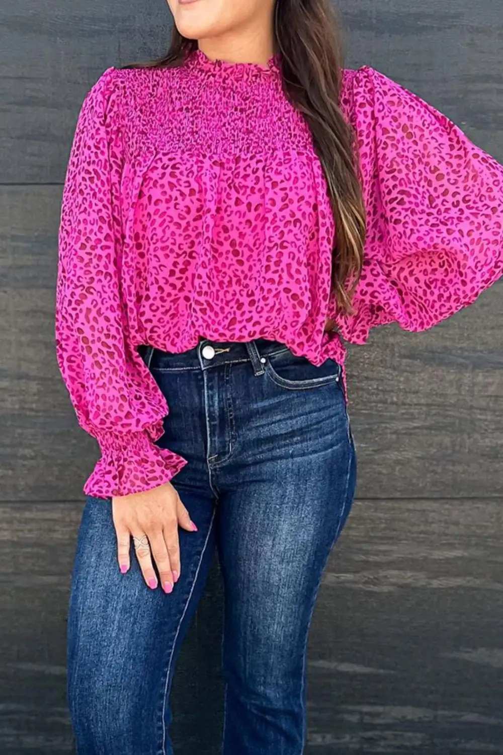 Ruched Leopard Mock Neck Long Sleeve Blouse - Trendsi - Flyclothing LLC