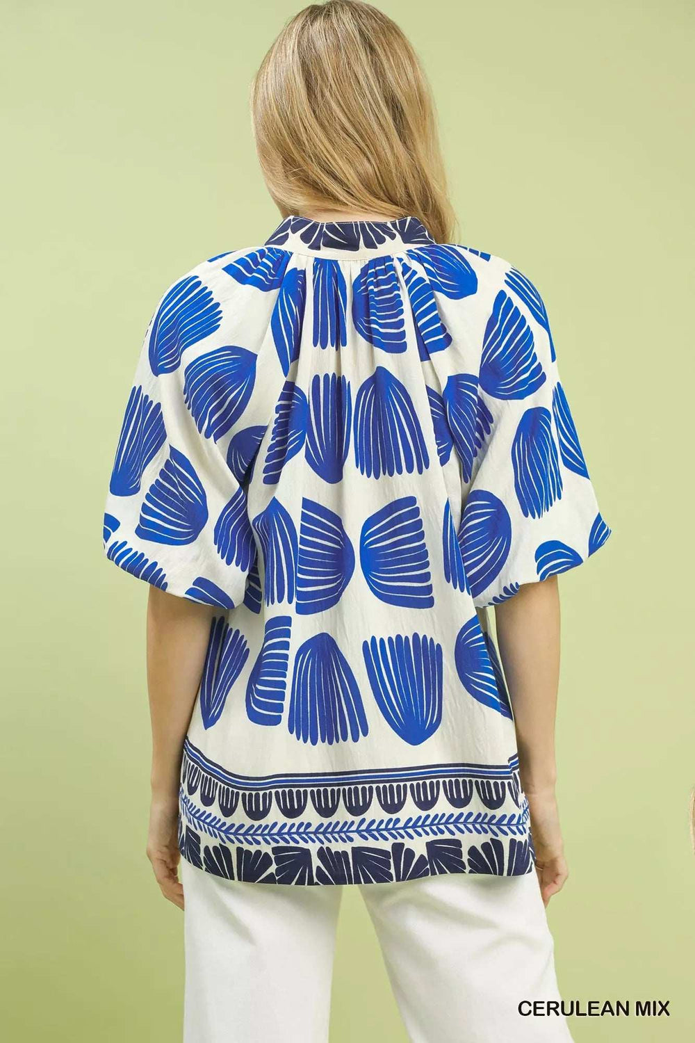 Umgee Shell Block Border Print Puff Sleeve Blouse - Trendsi - Flyclothing LLC