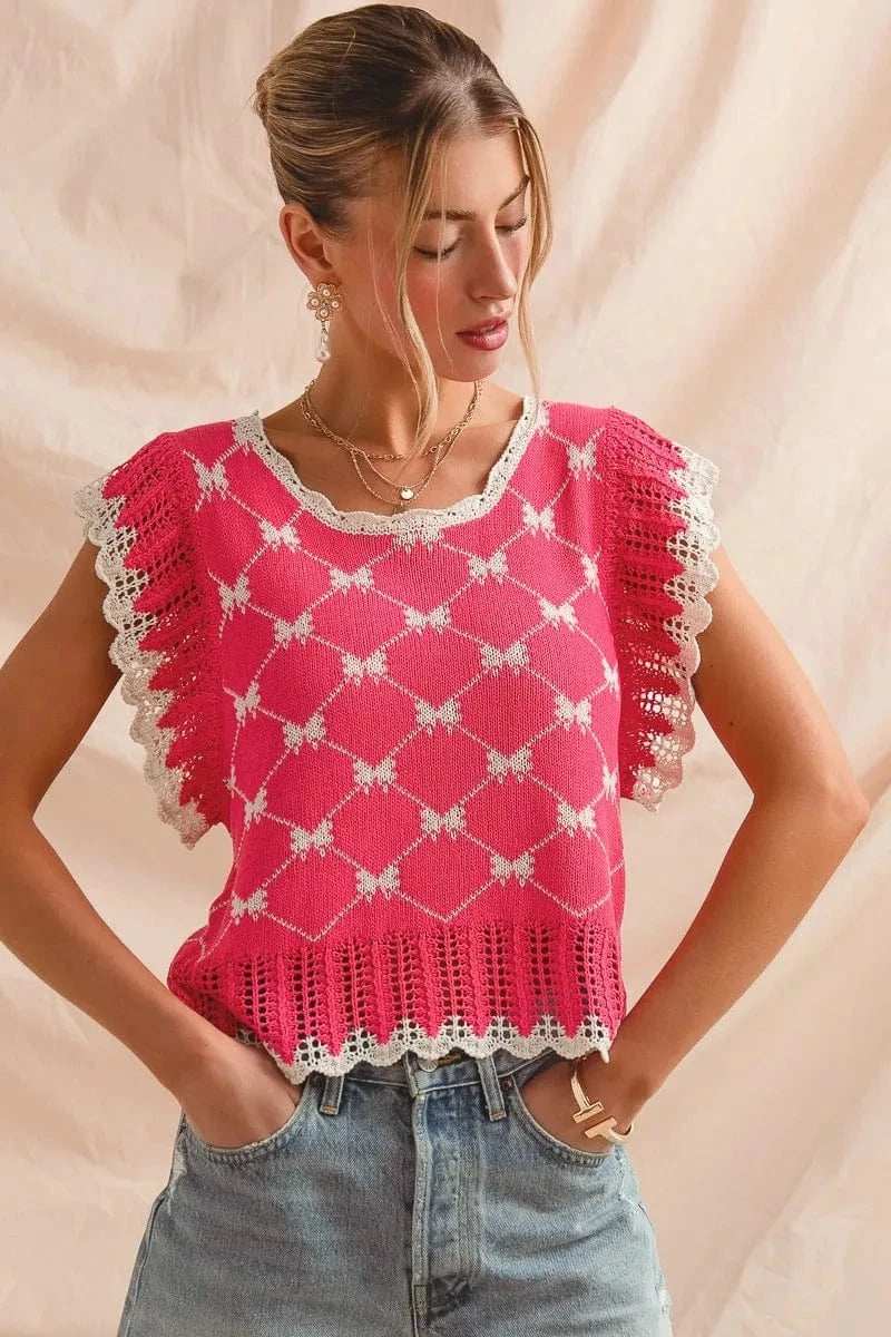 SO ME Bow Ribbon Pattern Sweater Top with Back Key Hole - Trendsi - Flyclothing LLC