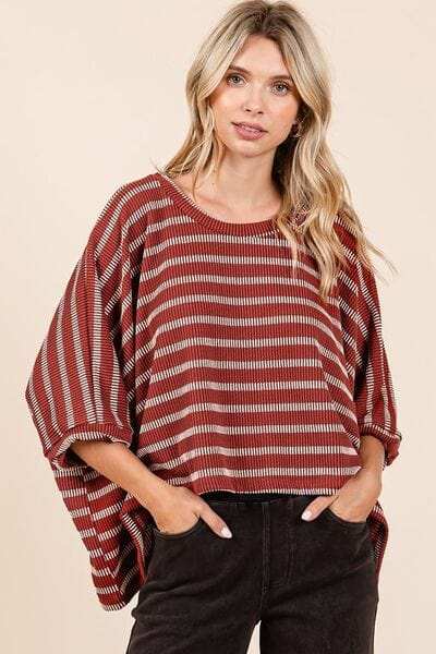 Mittoshop Texture Striped Print Round Neck Dolman Sleeve Top - Trendsi - Flyclothing LLC