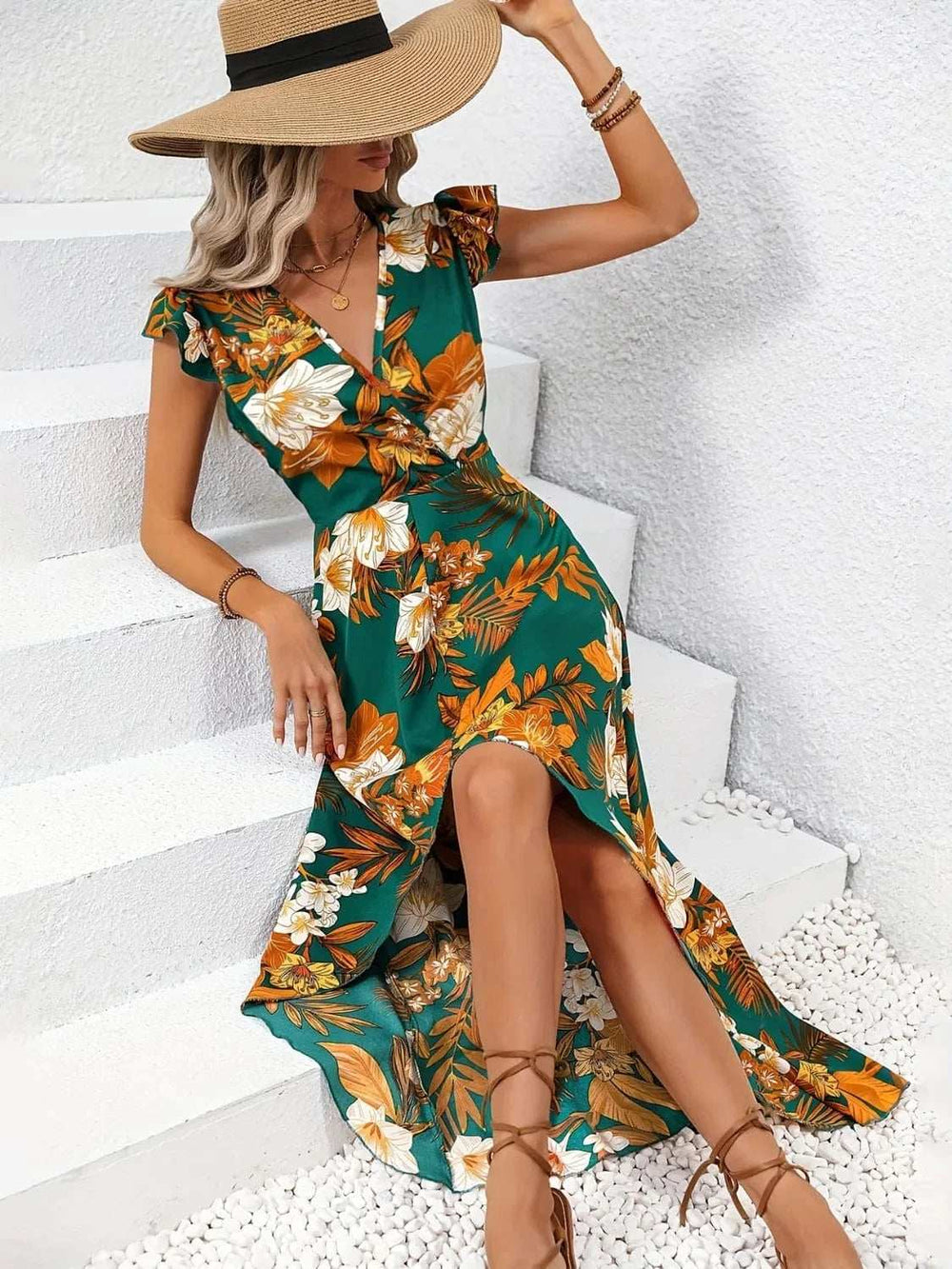 High-Low Printed Cap Sleeve Maxi Dress - Trendsi - Flyclothing LLC