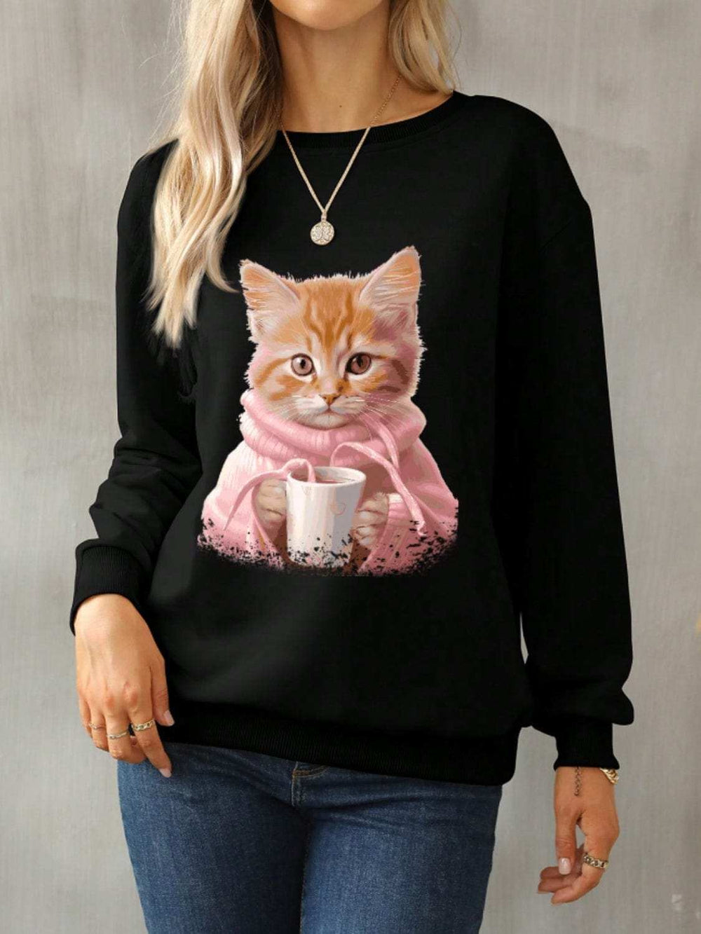 Cat Round Neck Long Sleeve Sweatshirt - Trendsi - Flyclothing LLC
