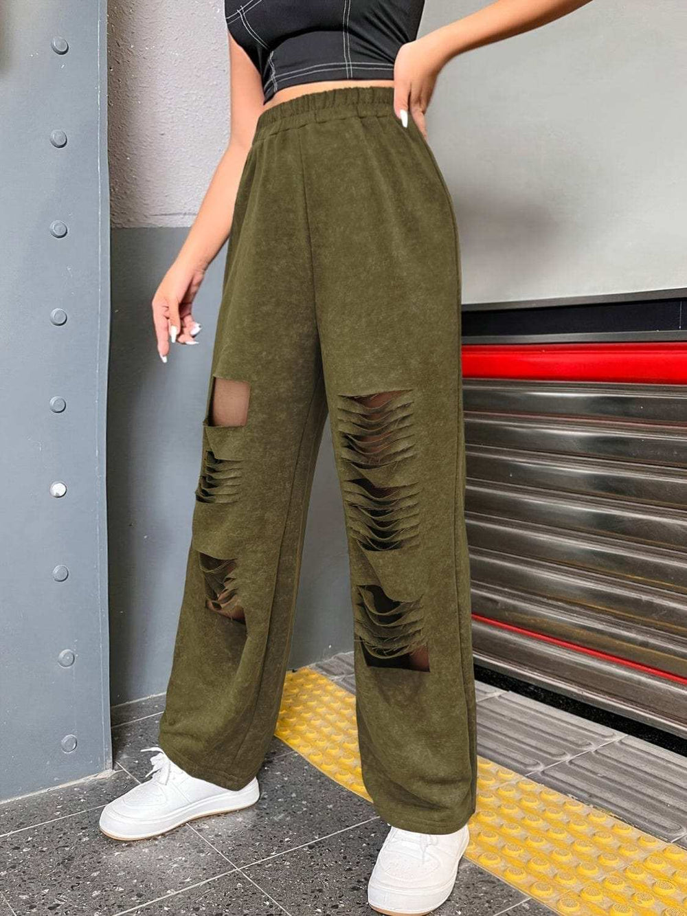 Distressed Elastic Waist Straight Leg Pants - Trendsi - Flyclothing LLC