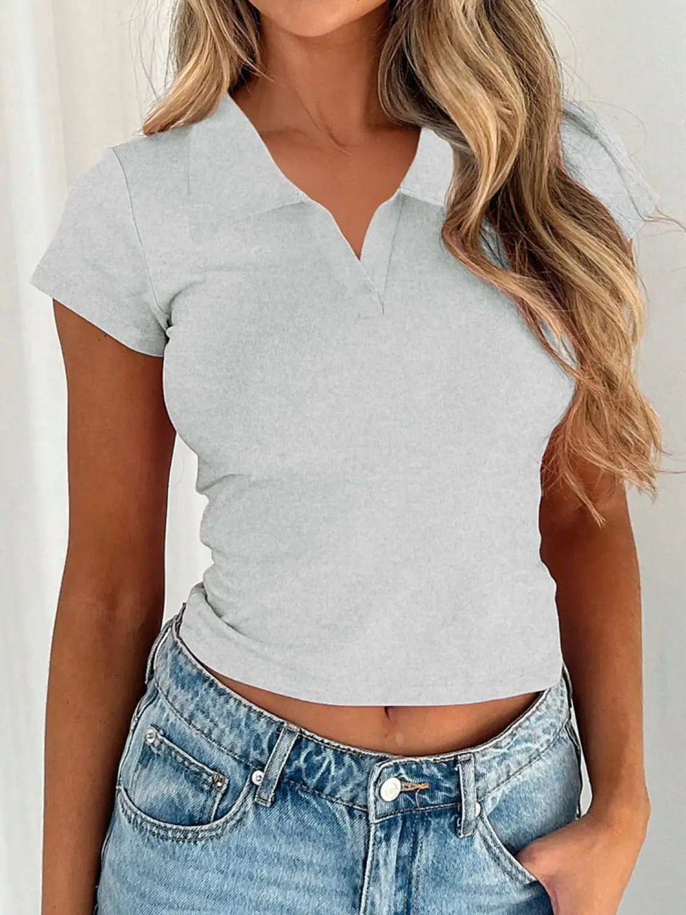 Devine Johnny Collar Short Sleeve T-Shirt - Trendsi - Flyclothing LLC