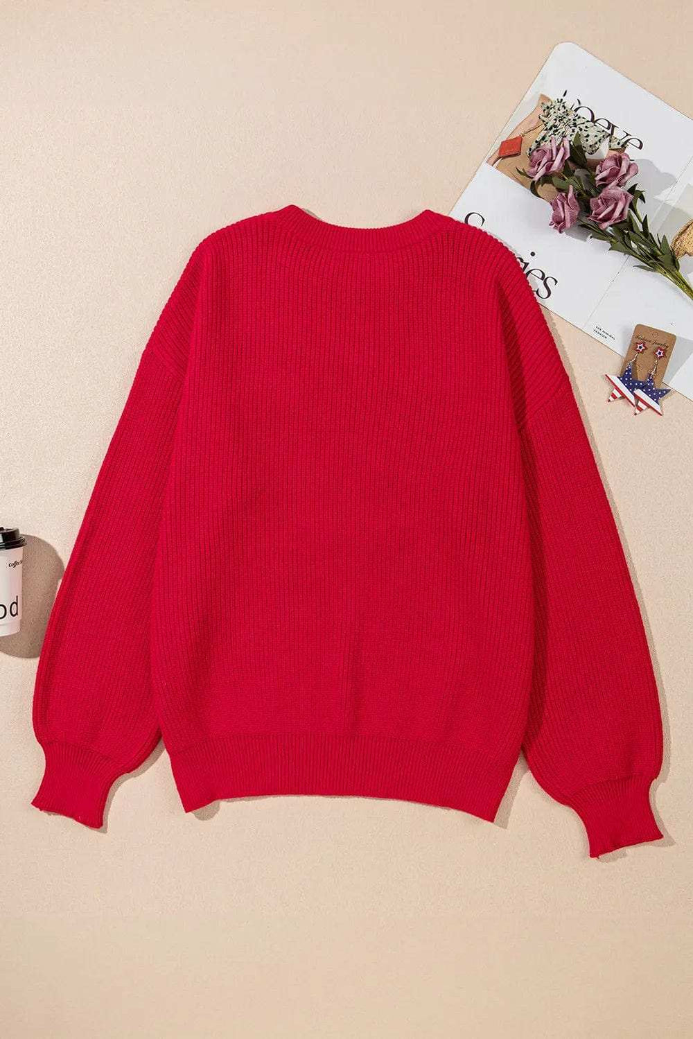 Plus Size Contrast Letter Round Neck Long Sleeve Sweater - Trendsi - Flyclothing LLC