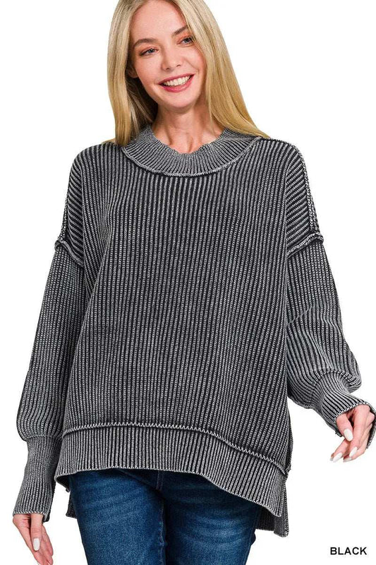 Zenana Washed Side Slit Oversized Sweater - Trendsi - Flyclothing LLC