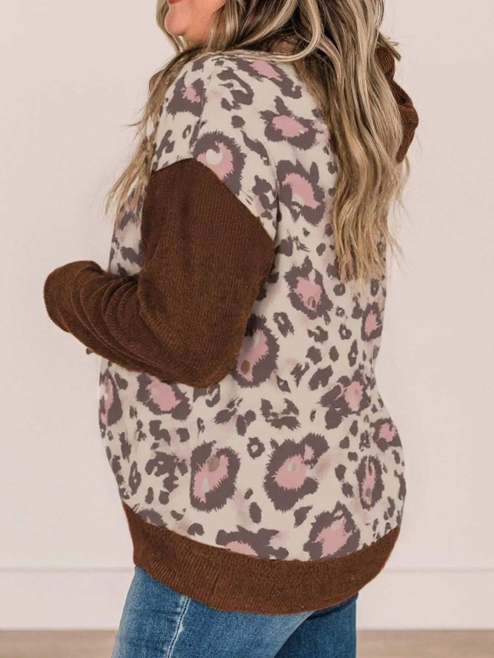 Plus Size Leopard Long Sleeve Drawstring Hoodie - Trendsi - Flyclothing LLC