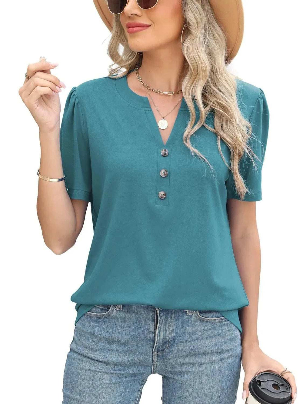 Notched Short Sleeve T-Shirt - Trendsi - Flyclothing LLC