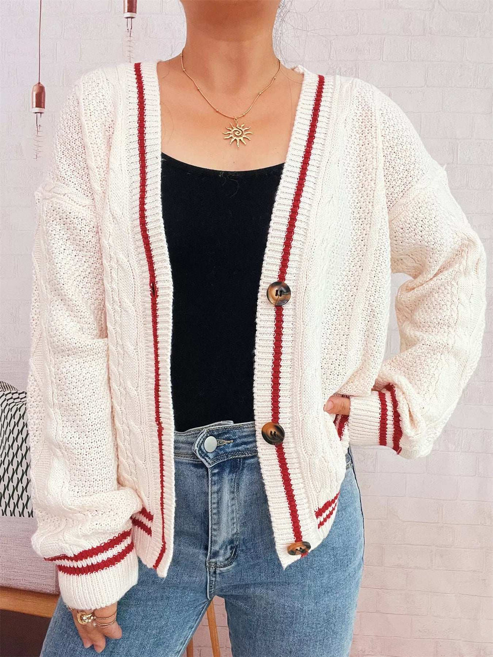 Star Pattern Button-Up Cardigan with Contrast Trim - Trendsi - Flyclothing LLC