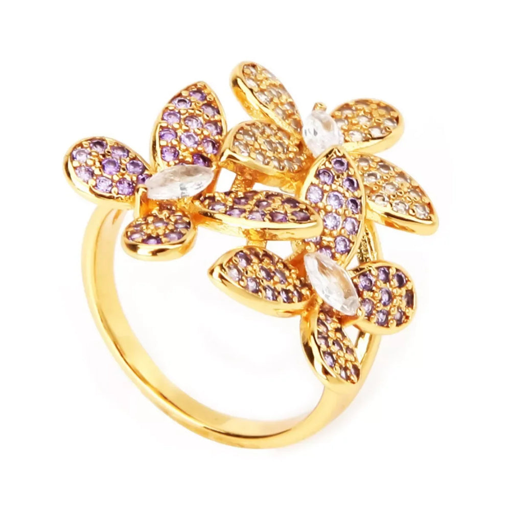 18K Gold-Plated Copper Rhinestone Zircon Flower Ring - Trendsi - Flyclothing LLC