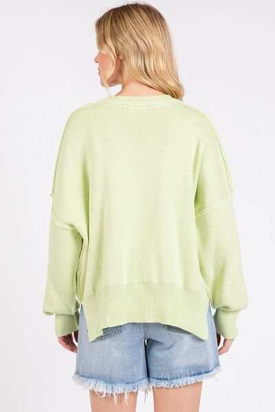 Mittoshop Side Slit Round Neck Drop Shoulder Sweater - Trendsi - Flyclothing LLC