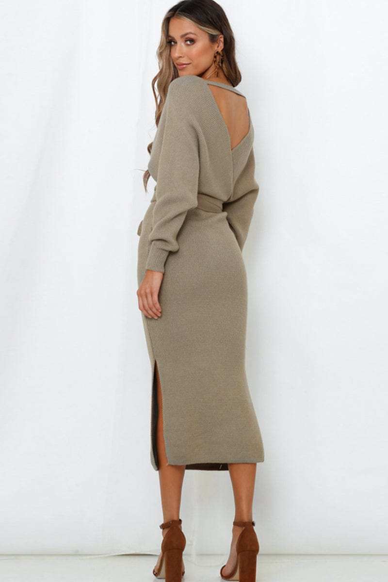 Surplice Neck Bow Waist Slit Sweater Dress - Trendsi - Flyclothing LLC