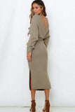 Surplice Neck Bow Waist Slit Sweater Dress - Trendsi - Flyclothing LLC