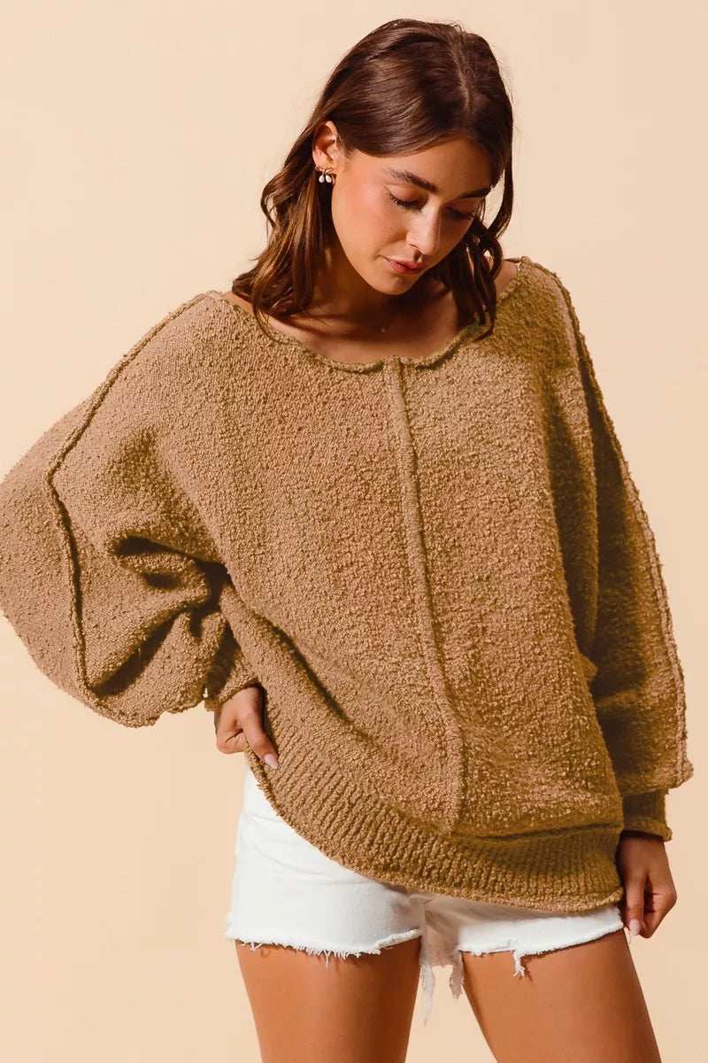 SO ME Loose Fit Exposed Seam Slouchy Boucle Sweater - Trendsi - Flyclothing LLC