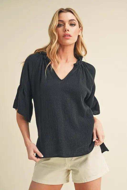 Aemi + Co Side Slit Notched Ruffled Half Sleeve Blouse - Trendsi - Flyclothing LLC