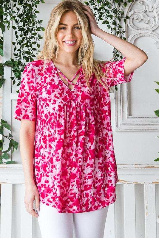 Heimish Full Size Short Sleeve Crisscross Animal Babydoll Top Plus Size - Trendsi - Flyclothing LLC