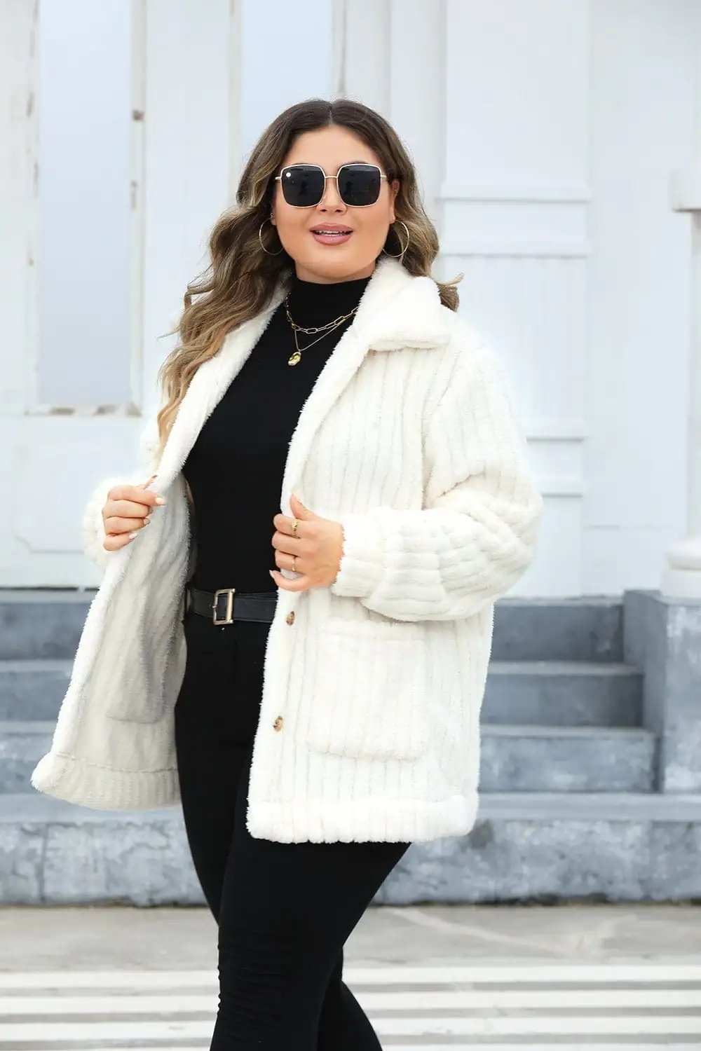 Plus Size Fuzzy Collared Neck Long Sleeve Jacket - Trendsi - Flyclothing LLC