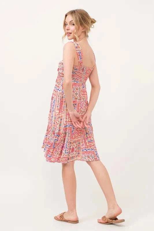 And The Why Tied Front Smocked Back Tiered Boho Printed Dress - Trendsi - Flyclothing LLC